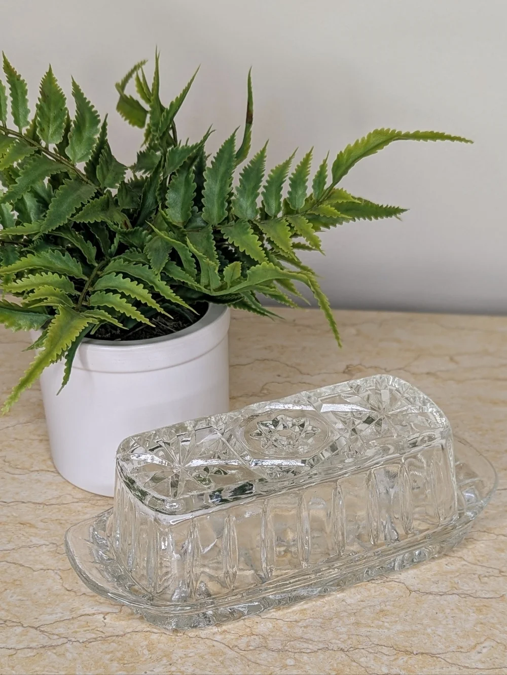 Vintage Anchor Hawking Prescut Clear Glass Star & Fan Design Butter Dish & Cover